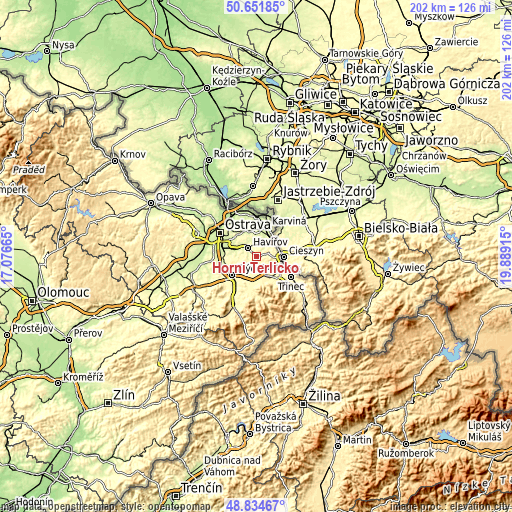 Topographic map of Horní Těrlicko