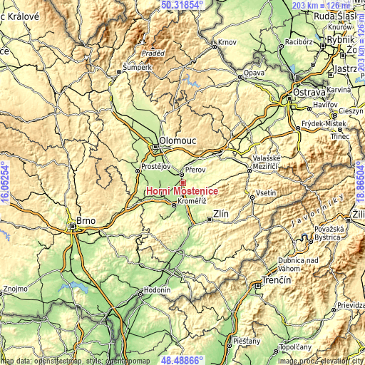 Topographic map of Horní Moštěnice