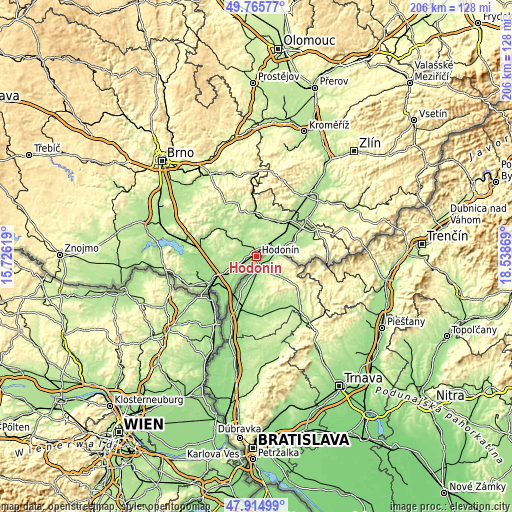 Topographic map of Hodonín