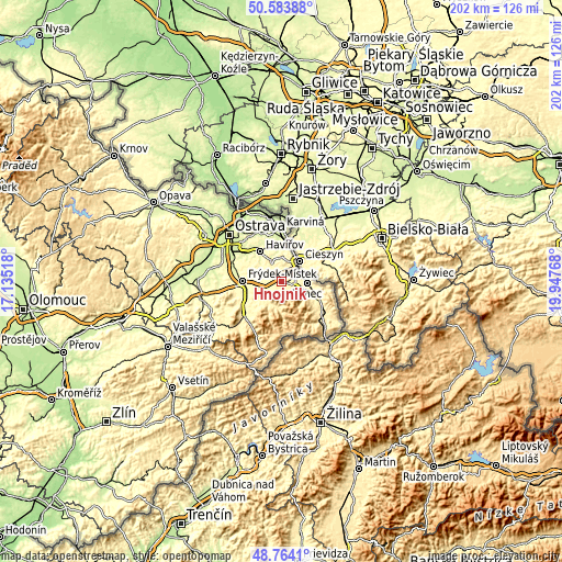 Topographic map of Hnojník