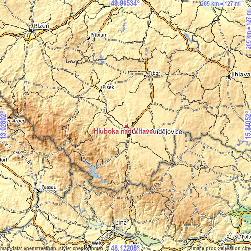 Topographic map of Hluboká nad Vltavou