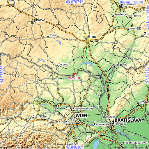 Topographic map of Hevlín