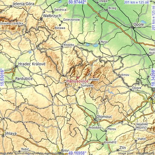 Topographic map of Hanušovice