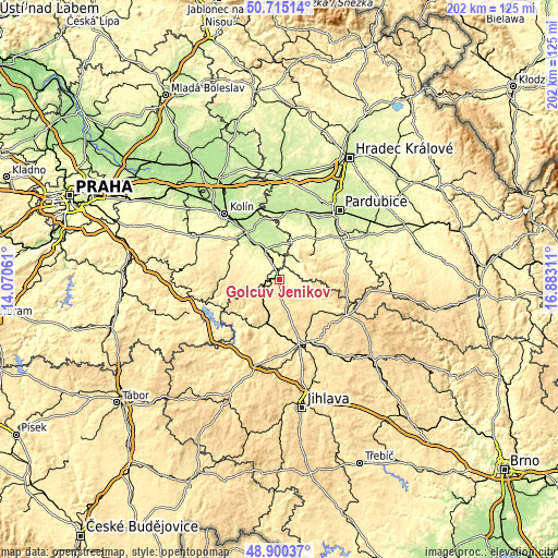 Topographic map of Golčův Jeníkov