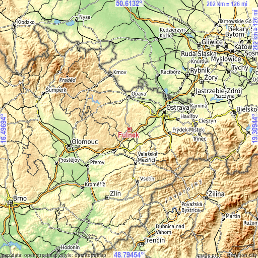 Topographic map of Fulnek