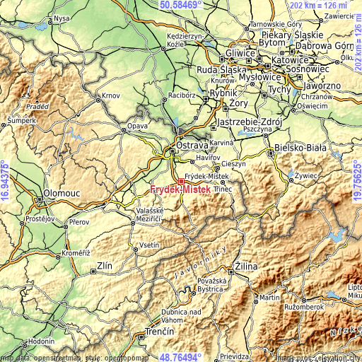 Topographic map of Frýdek-Místek