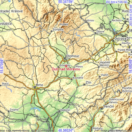 Topographic map of Dub nad Moravou