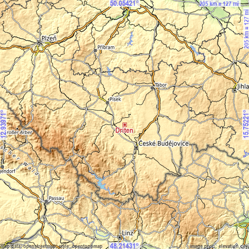 Topographic map of Dřiteň