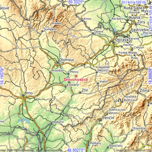 Topographic map of Dřevohostice