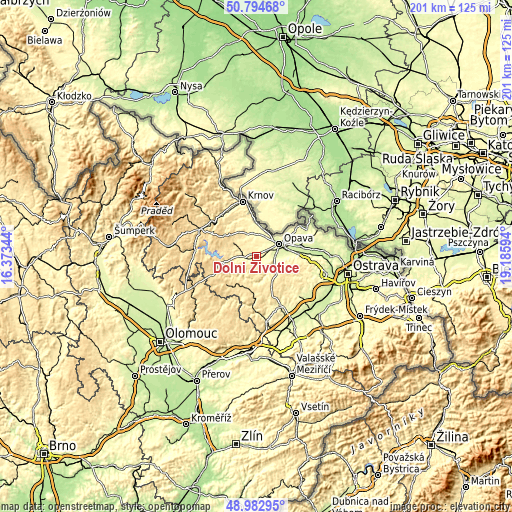 Topographic map of Dolní Životice