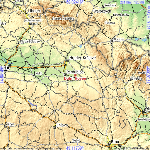 Topographic map of Dolní Roveň