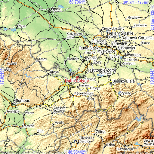 Topographic map of Dolní Lutyně
