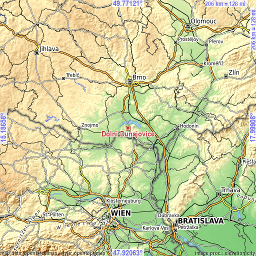 Topographic map of Dolní Dunajovice