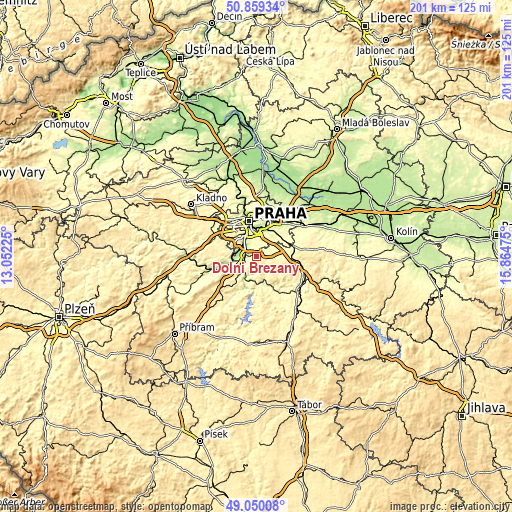 Topographic map of Dolní Břežany
