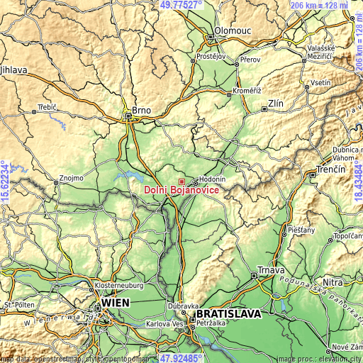 Topographic map of Dolní Bojanovice