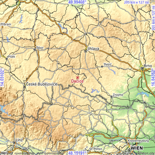 Topographic map of Dačice