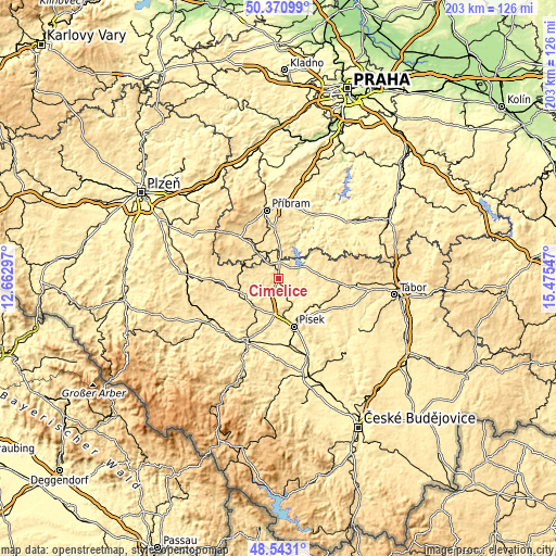 Topographic map of Čimelice