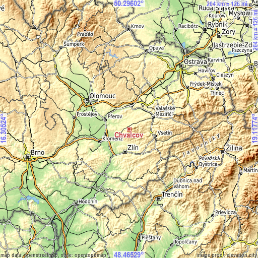Topographic map of Chvalčov