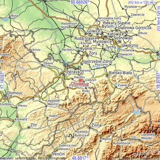 Topographic map of Chotěbuz