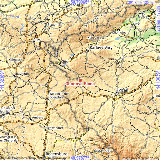 Topographic map of Chodová Planá