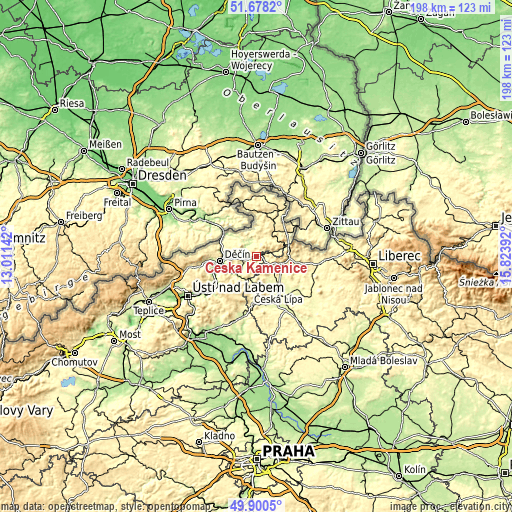 Topographic map of Česká Kamenice