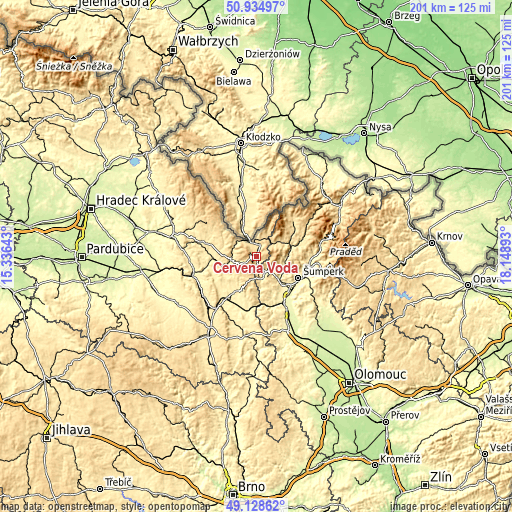 Topographic map of Červená Voda