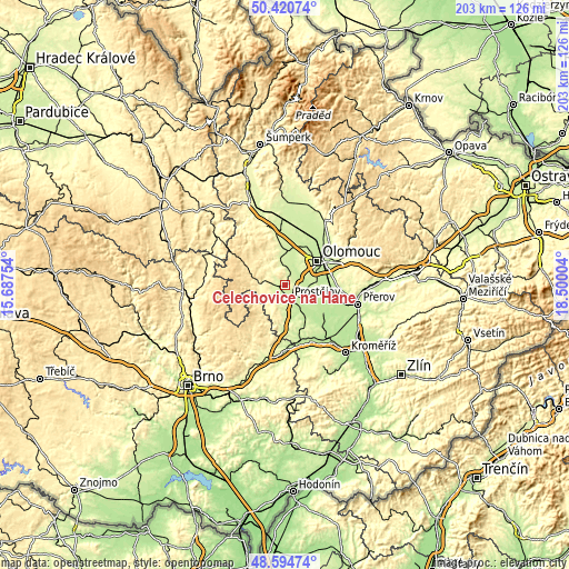 Topographic map of Čelechovice na Hané