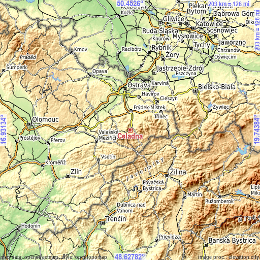 Topographic map of Čeladná