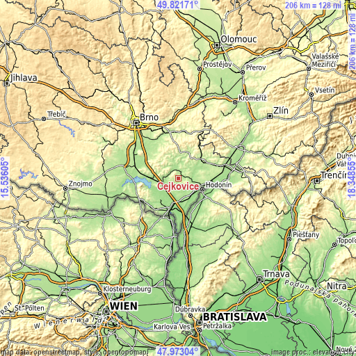 Topographic map of Čejkovice