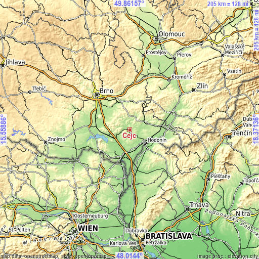 Topographic map of Čejč