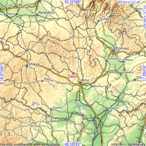 Topographic map of Čebín