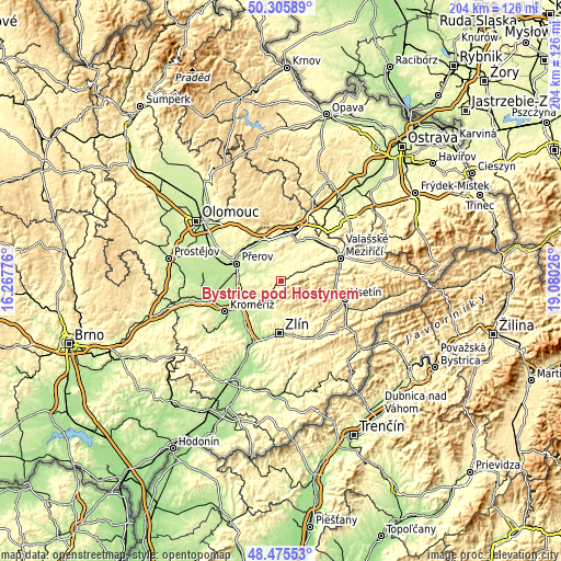 Topographic map of Bystřice pod Hostýnem