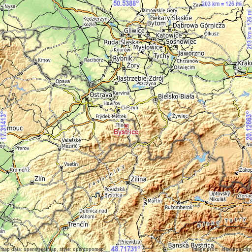 Topographic map of Bystřice