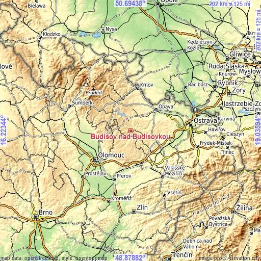 Topographic map of Budišov nad Budišovkou