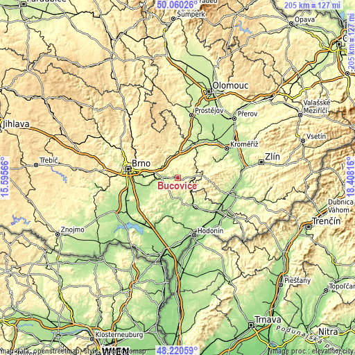 Topographic map of Bučovice