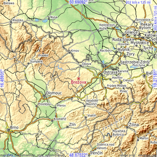 Topographic map of Březová