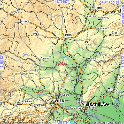 Topographic map of Březí