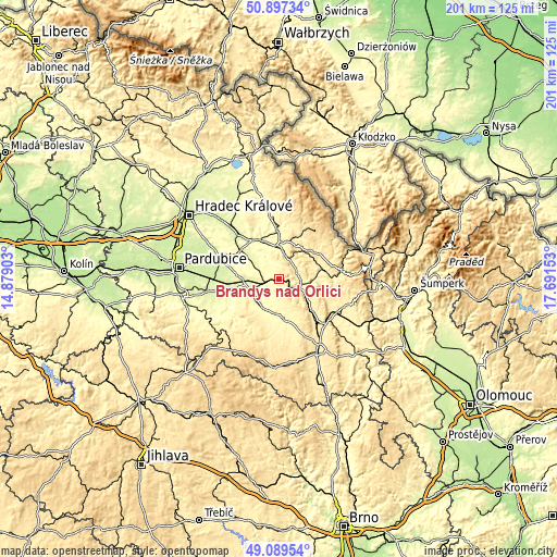 Topographic map of Brandýs nad Orlicí