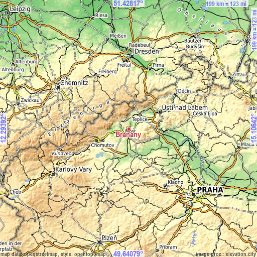 Topographic map of Braňany