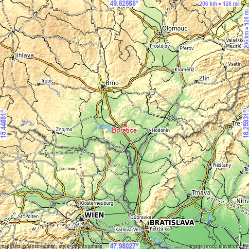 Topographic map of Bořetice