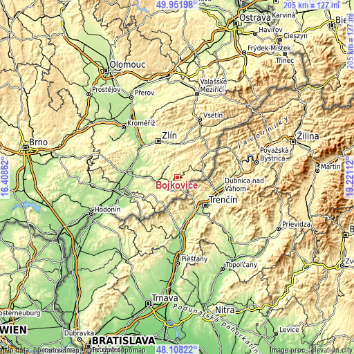 Topographic map of Bojkovice