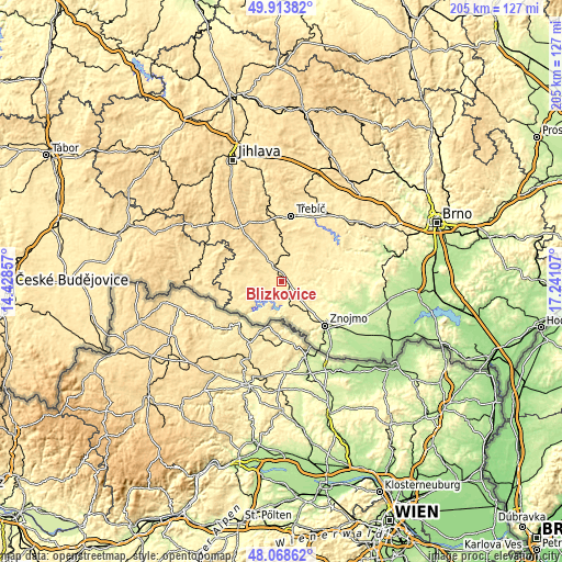 Topographic map of Blížkovice