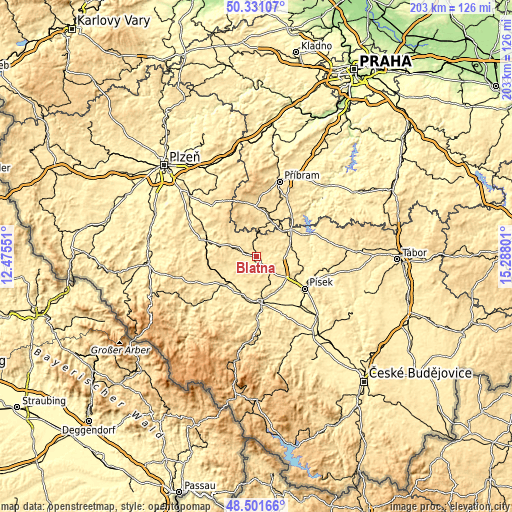 Topographic map of Blatná