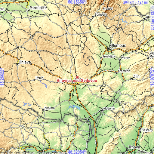Topographic map of Bílovice nad Svitavou
