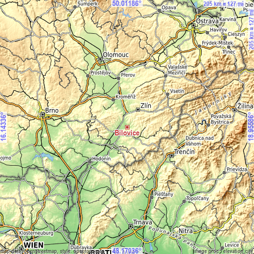 Topographic map of Bílovice