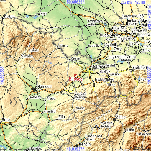 Topographic map of Bílovec