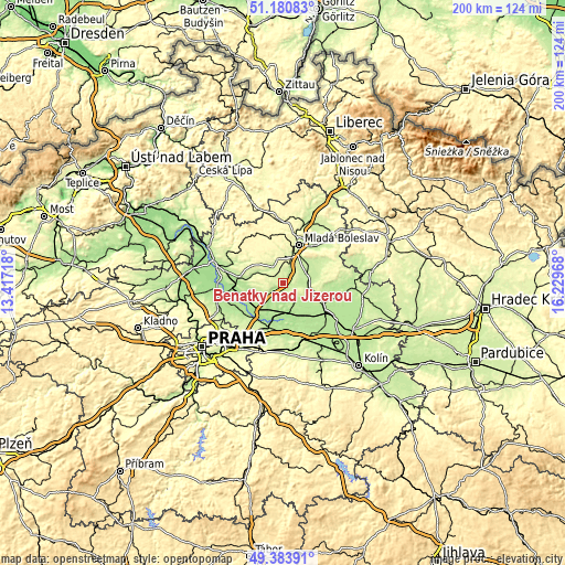 Topographic map of Benátky nad Jizerou