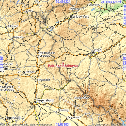 Topographic map of Bělá nad Radbuzou