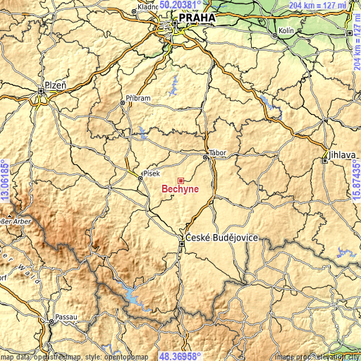 Topographic map of Bechyně