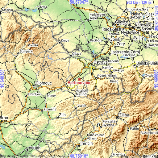 Topographic map of Bartošovice